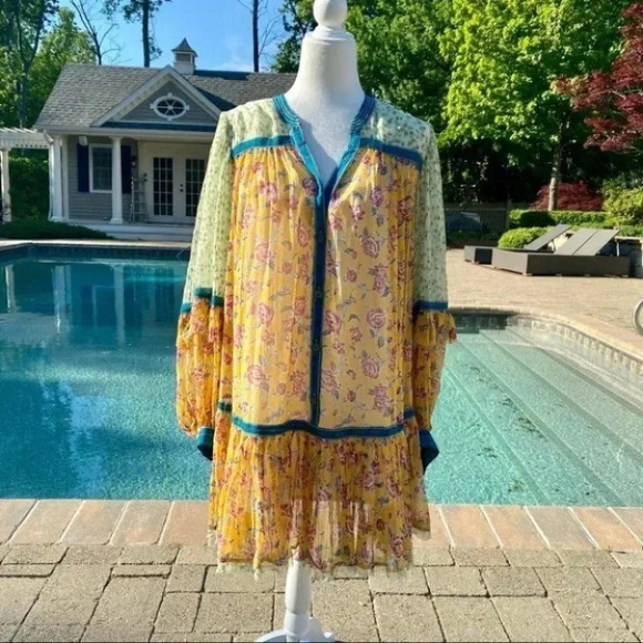 NWT Free People Rosebud Mix Print Long Sleeve Floral Mini Dress Yellow Small - Picture 4 of 8